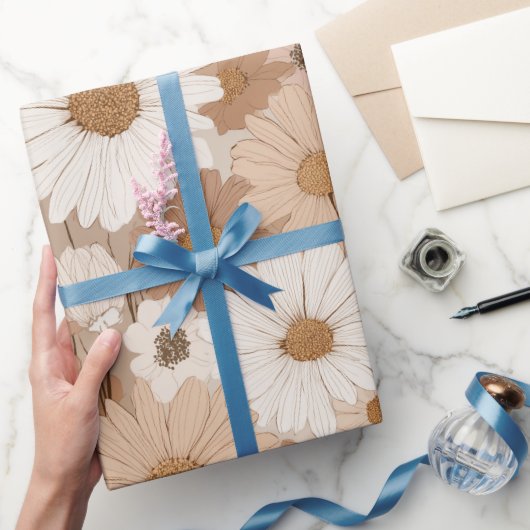 Boho Earth Tone Daisy Tan Floral Pattern ラッピングペーパー (ギフト)