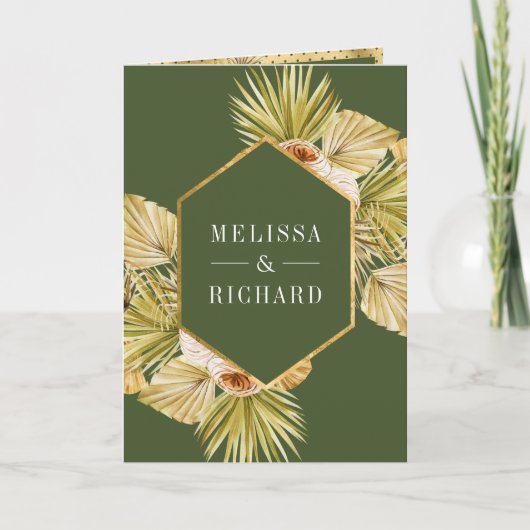 Boho Earthy Floral Olive Green QR Code Wedding 招待状 (正面)