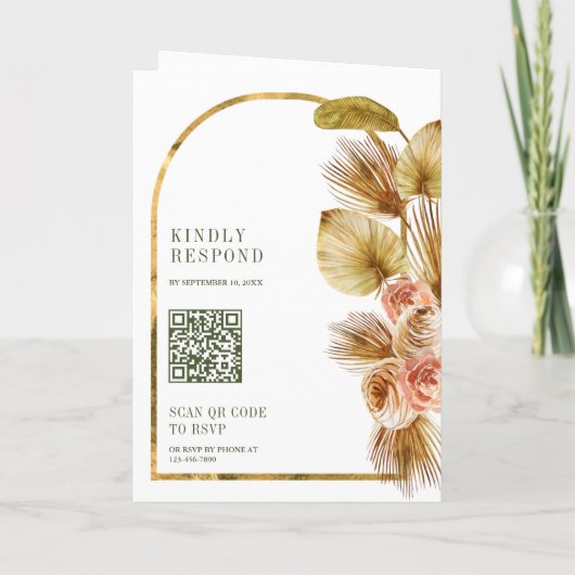 Boho Earthy Floral Olive Green QR Code Wedding 招待状 (裏面)