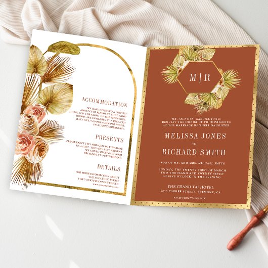 Boho Earthy Floral Terracotta QR Code Wedding 招待状