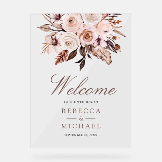 Boho Earthy Ivory Floral Wedding Welcome アクリルサイン (正面)