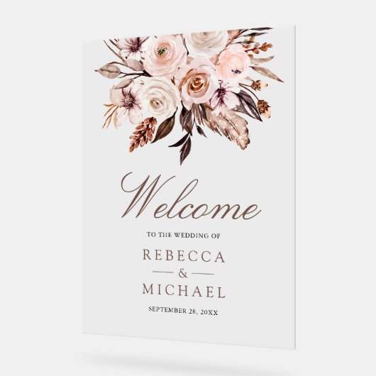 Boho Earthy Ivory Floral Wedding Welcome アクリルサイン (傾斜)