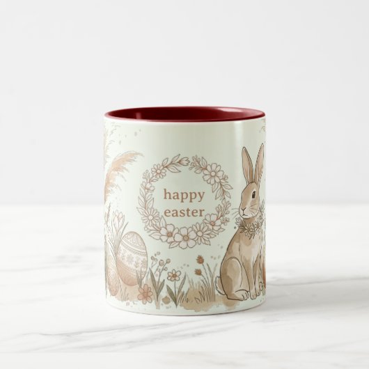 Boho Easter Bunny with Floral Wreath Illustration ツートーンマグカップ (中央)