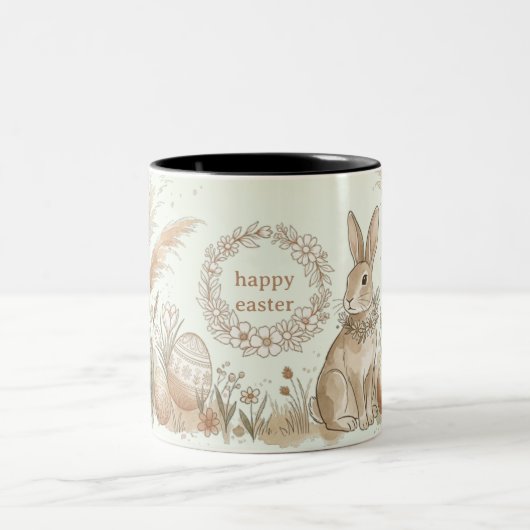 Boho Easter Bunny with Floral Wreath Illustration ツートーンマグカップ (中央)