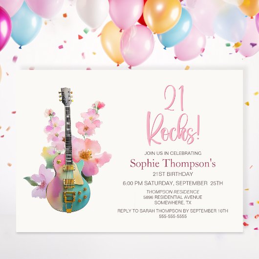 Boho Electric Guitar Pink Floral 21st Birthday 招待状