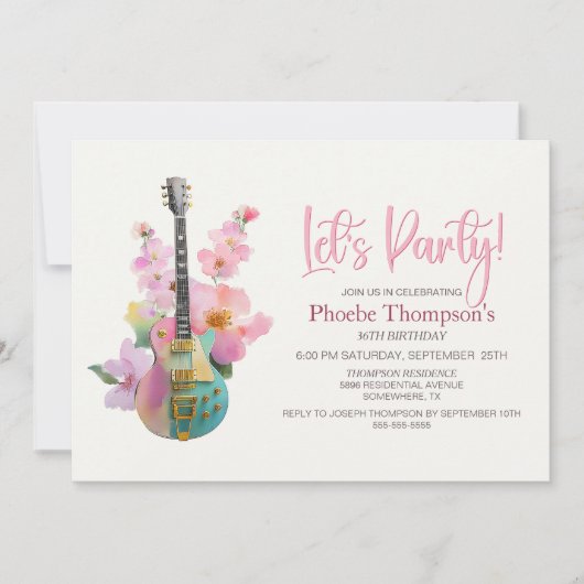 Boho Electric Guitar Pink Floral Any Age Birthday 招待状 (正面)