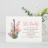 Boho Electric Guitar Pink Floral Any Age Birthday 招待状 (スタンド正面)