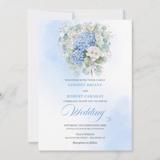 Boho Elegant Pastel Blue Hydrangea Floral Wedding 招待状 (正面)