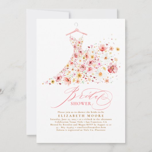 Boho Elegant Wildflower Blush Floral Bridal Shower 招待状 (正面)