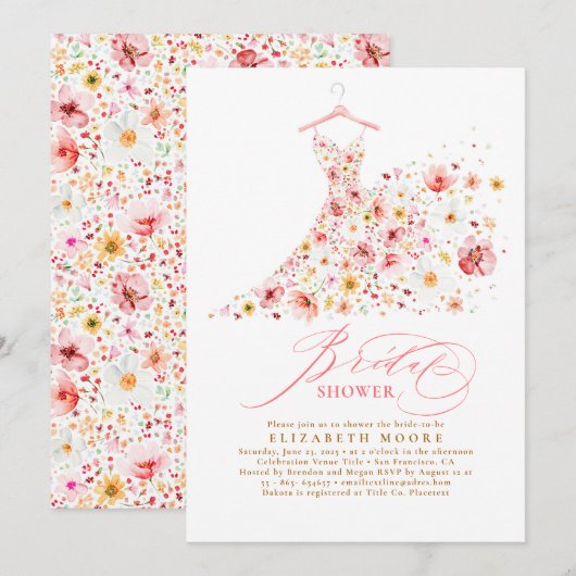 Boho Elegant Wildflower Blush Floral Bridal Shower 招待状 (正面/裏面)