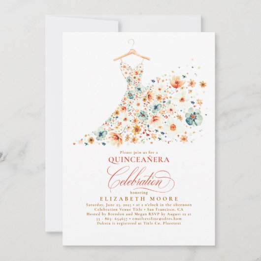 Boho Elegant Wildflowers Floral Fall Quinceanera  招待状 (正面)