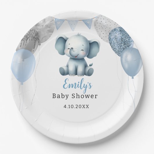 Boho Elephant Boy Balloons Baby Shower  ペーパープレート (正面)