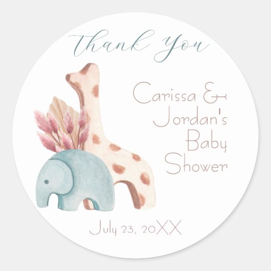 Boho Elephant Giraffe Toy Thank You Baby Shower ラウンドシール (正面)