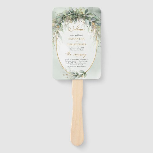 Boho Eucalyptus緑の枝の金ゴールドプログラム ハンドファン (正面)