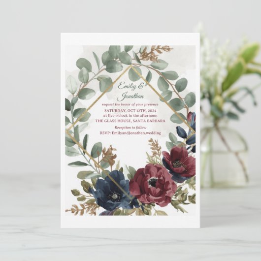 Boho Eucalyptus and Dark Red Flowers Wedding Invit 招待状 (スタンド正面)