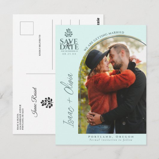 Boho Eucalyptus Arch Photo Save The Date ポストカード (正面/裏面)
