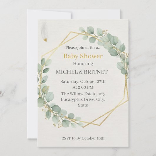 Boho Eucalyptus Greenery Gold  Baby Showers 招待状 (正面)