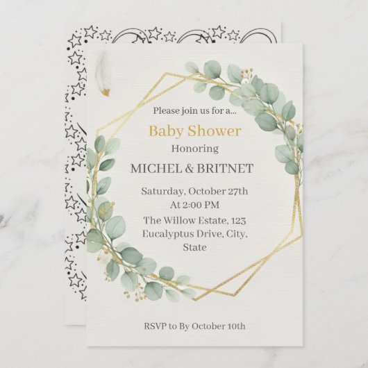 Boho Eucalyptus Greenery Gold Baby Showers 招待状 (正面/裏面)