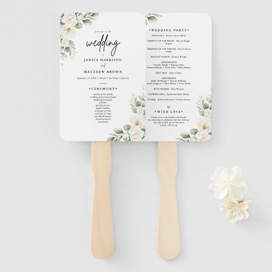 Boho Eucalyptus Greenery Wedding Ceremony Program  ハンドファン (正面&裏面)
