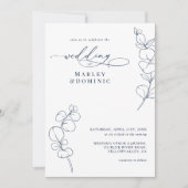 Boho Eucalyptus Springs Navy Blue & White Wedding 招待状 (正面)