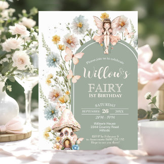BOHO Fairy 1st Birthday Invitation Wildflower Sage 招待状