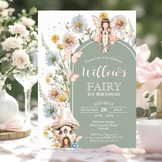 BOHO Fairy 1st Birthday Invitation Wildflower Sage 招待状