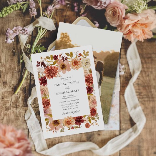 Boho Fall Botanical Wedding Photo Invitation 招待状