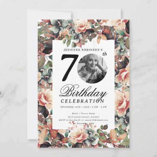 Boho Fall Floral Garden Photo 70th Birthday  招待状 (正面)