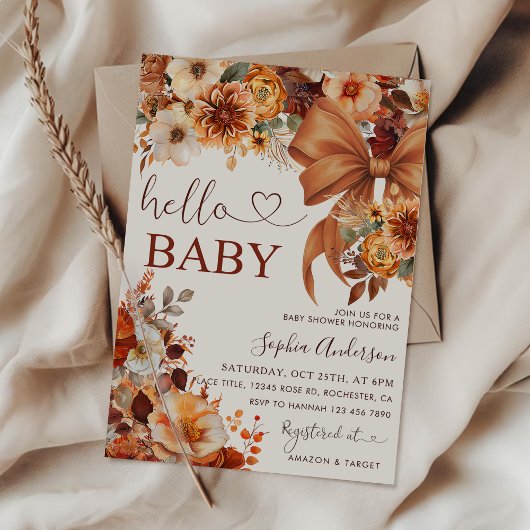 Boho Fall Floral Hello Baby Baby Shower Party 招待状