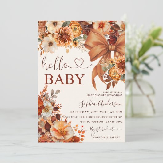 Boho Fall Floral Hello Baby Baby Shower Party 招待状 (スタンド正面)