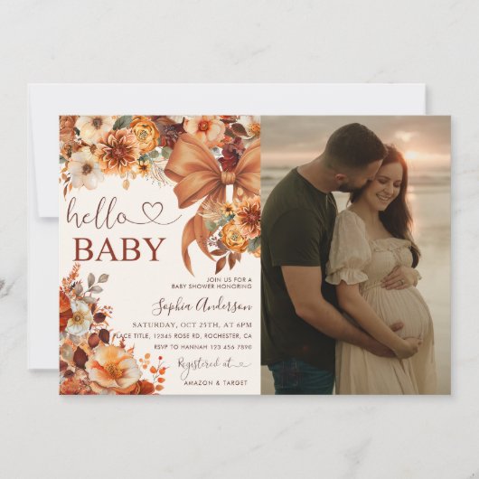 Boho Fall Floral Hello Baby Baby Shower Photo  招待状 (正面)