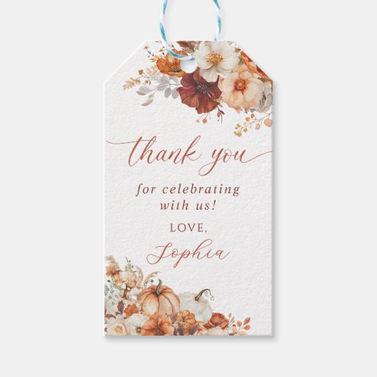 Boho Fall Floral Pumpkin Baby Shower  ギフトタグ (正面)