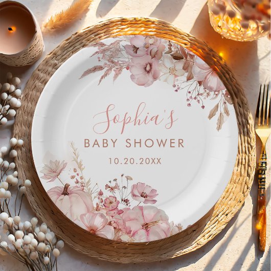 Boho Fall Floral Pumpkin Baby Shower  ペーパープレート