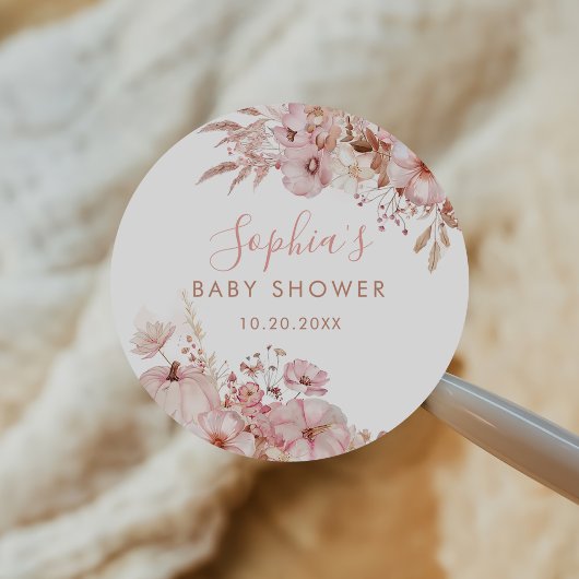 Boho Fall Floral Pumpkin Baby Shower  ラウンドシール