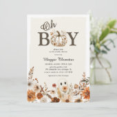 Boho Fall Ghost Floral Halloween Boy Baby Shower  招待状 (スタンド正面)