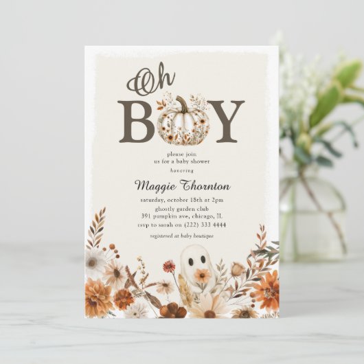 Boho Fall Ghost Floral Halloween Boy Baby Shower 招待状 (スタンド正面)