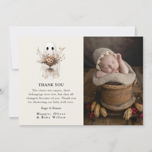 Boho Fall Ghost Wildflower Baby Shower サンキューカード (正面)
