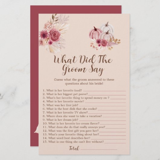 Boho Fall Pumpkin What Did The Groom Say Game (正面/裏面)