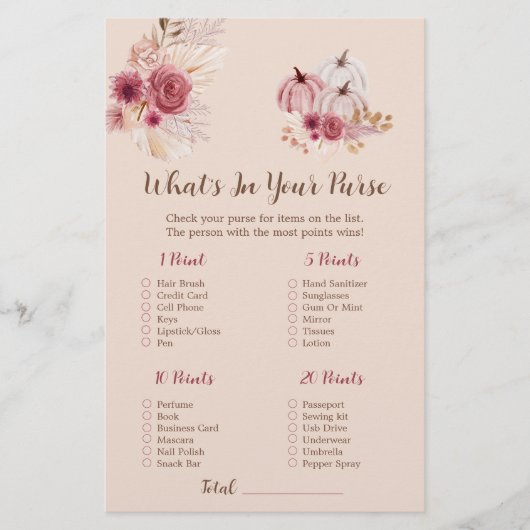 Boho Fall Pumpkin What's In Your Purse Bridal Game (正面)