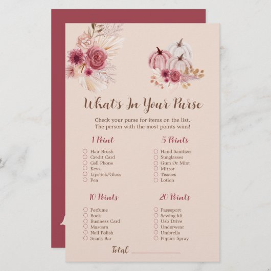 Boho Fall Pumpkin What's In Your Purse Bridal Game (正面/裏面)