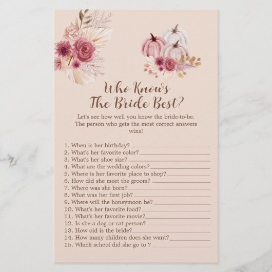 Boho Fall Pumpkin Who Knows The Bride Best Game (正面)