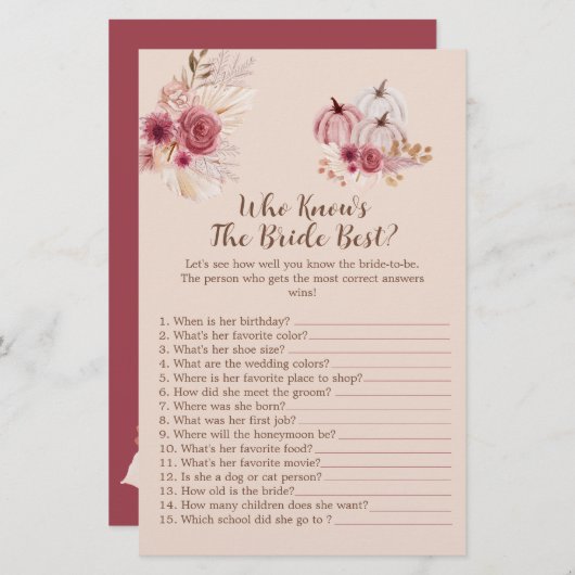 Boho Fall Pumpkin Who Knows The Bride Best Game (正面/裏面)