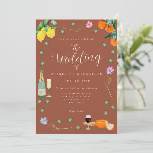 Boho Fall Wildflower Citrus Terracotta Wedding 招待状 (スタンド正面)