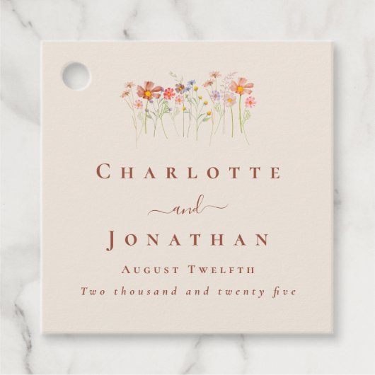 Boho Fall Wildflower Tan Beige Terracotta Wedding フェイバータグ (正面)