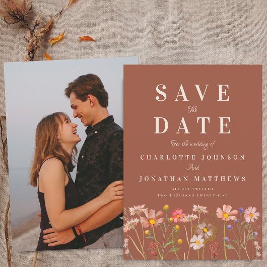Boho Fall Wildflower Terracotta Photo Wedding セーブザデート