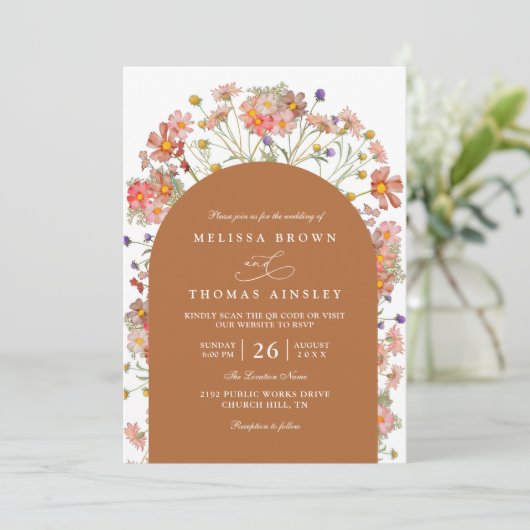 Boho Fall Wildflower Terracotta QR Code Wedding 招待状 (スタンド正面)