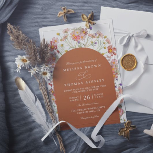 Boho Fall Wildflower Terracotta QR Code Wedding 招待状
