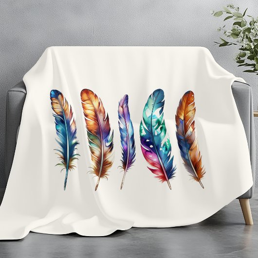 Boho Feather Art Cozy Cream Graphic Feather Print フリースブランケット