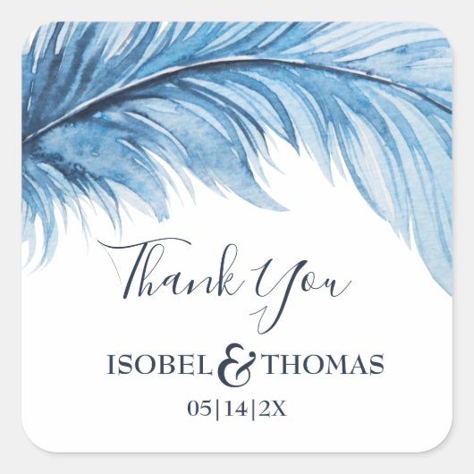 Boho Feather Blue & White 結婚's Thank You スクエアシール (正面)