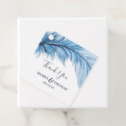 Boho Feather Blue & White 結婚's Thank You フェイバータグ (インサイチュ)